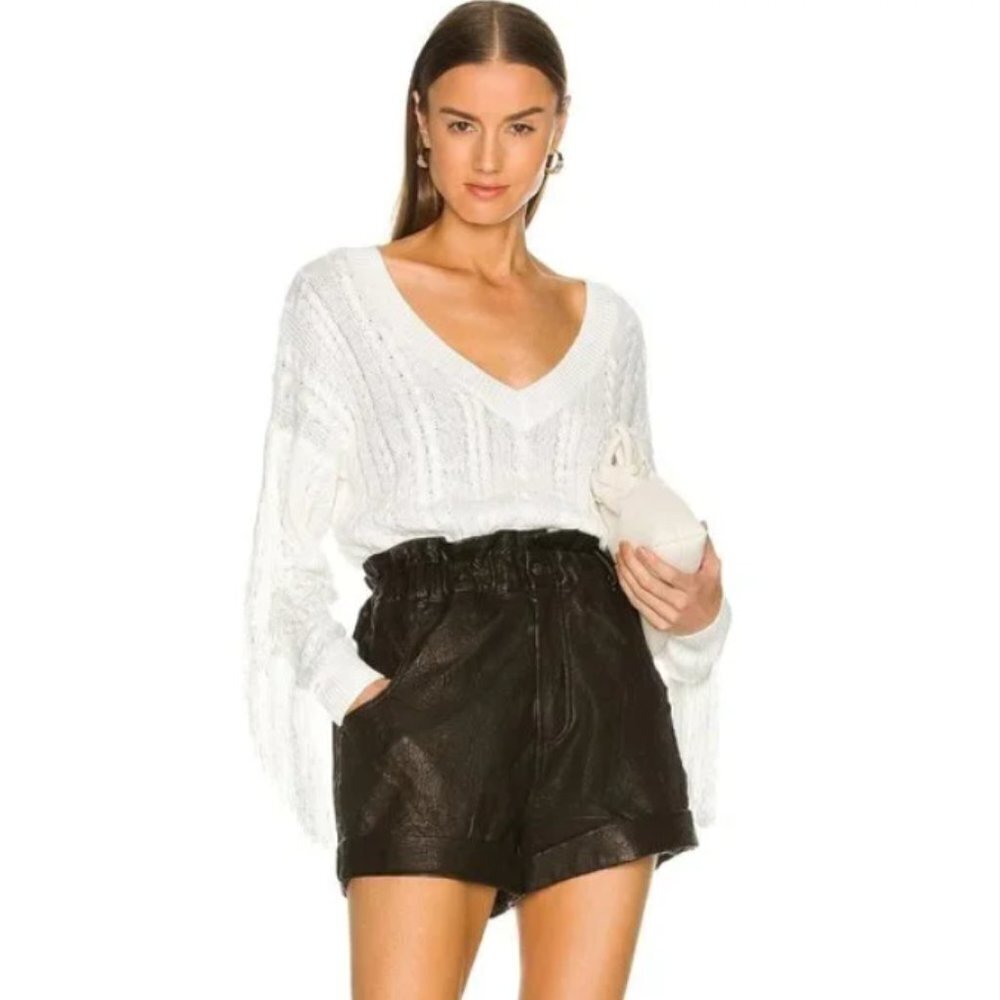 L'agence Savanah Fringe V-Neck Cotton Blend Sweater Ivory Xl Q116